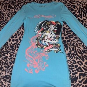 Ed Hardy Turquoise Graphic Top